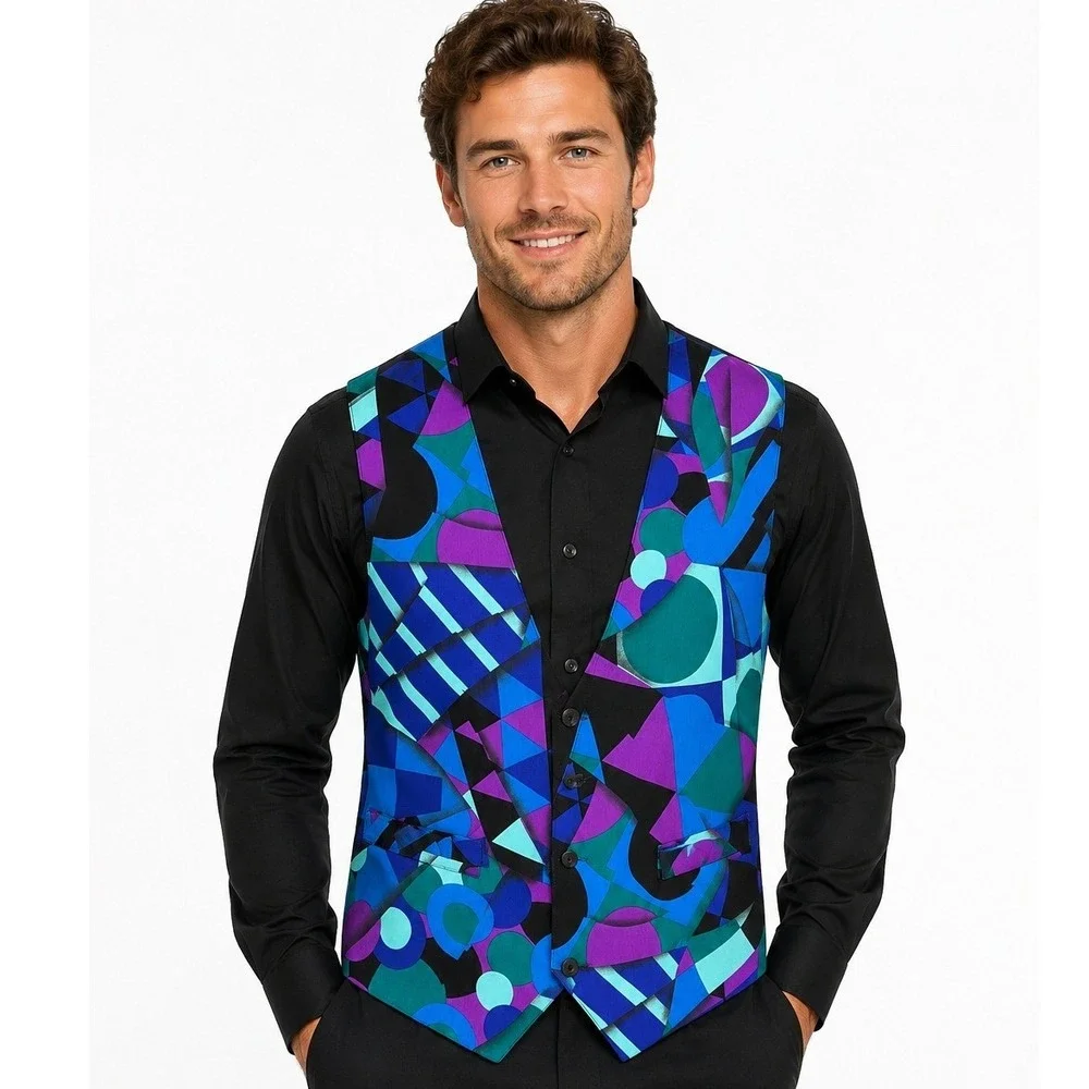 Attitudes Vest Mens Medium‎ Blue Purple Abstract Geometric Vintage 90s Waistcoat